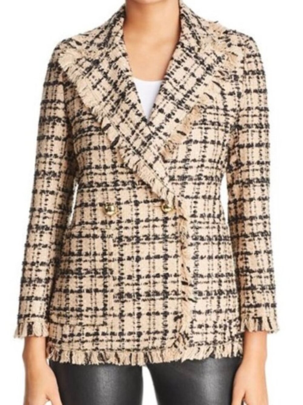Kate Spade Plaid Metallic Tweed Fringe Blazer Tan Black Size 8